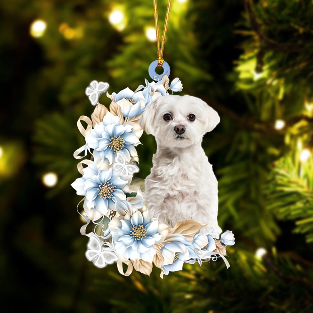 Maltese Flowers Moon Ornament, Christmas Ornament, Dog Ornament, Xmas Dog Ornaments Maltese Flowers Moon Ornament, Christmas Ornament, Dog Ornament, Xmas Dog Ornaments