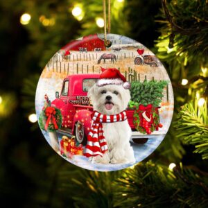 Maltese With Red Truck Christmas Ornament, Christmas…