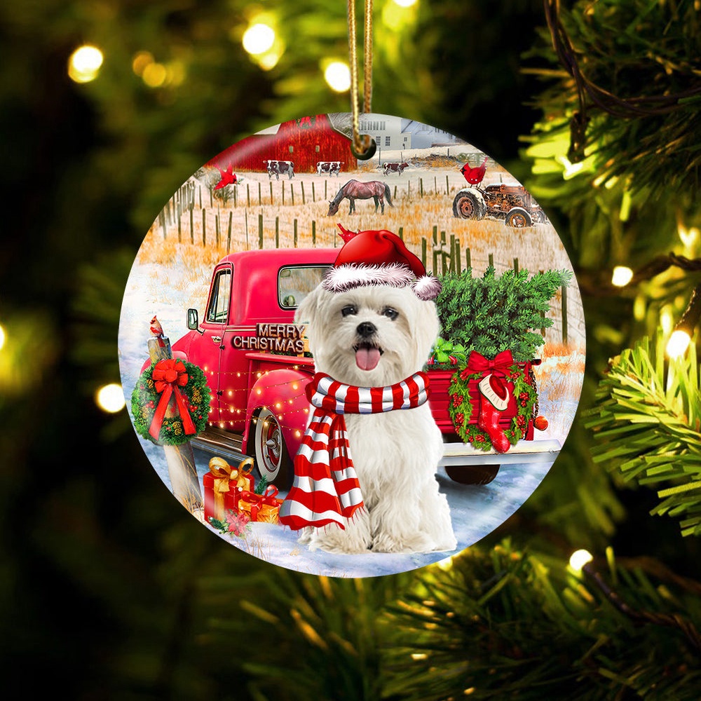 Maltese With Red Truck Christmas Ornament, Christmas Ornament, Dog Ornament, Xmas Dog Ornaments Maltese With Red Truck Christmas Ornament, Christmas Ornament, Dog Ornament, Xmas Dog Ornaments