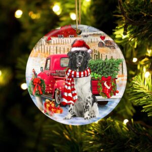 Newfounderland With Red Truck Christmas Ornament, Christmas…