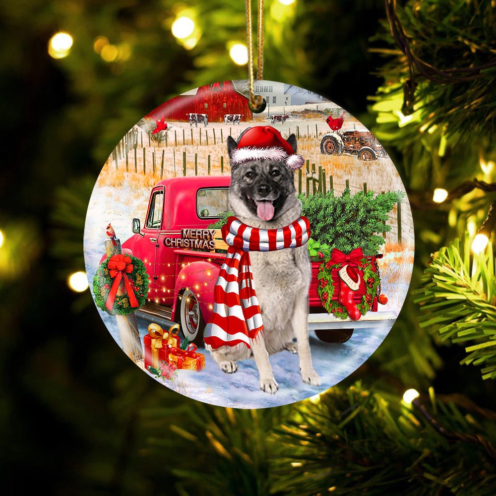 Norwegian Elkhound With Red Truck Christmas Ornament, Christmas Ornament, Dog Ornament, Xmas Dog Ornaments Norwegian Elkhound With Red Truck Christmas Ornament, Christmas Ornament, Dog Ornament, Xmas Dog Ornaments