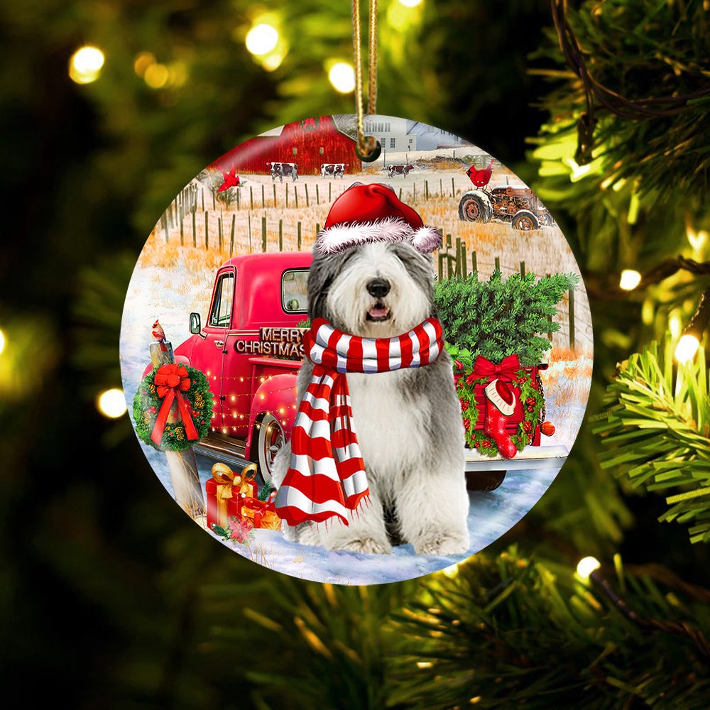 Old English Sheepdog With Red Truck Christmas Ornament, Christmas Ornament, Dog Ornament, Xmas Dog Ornaments