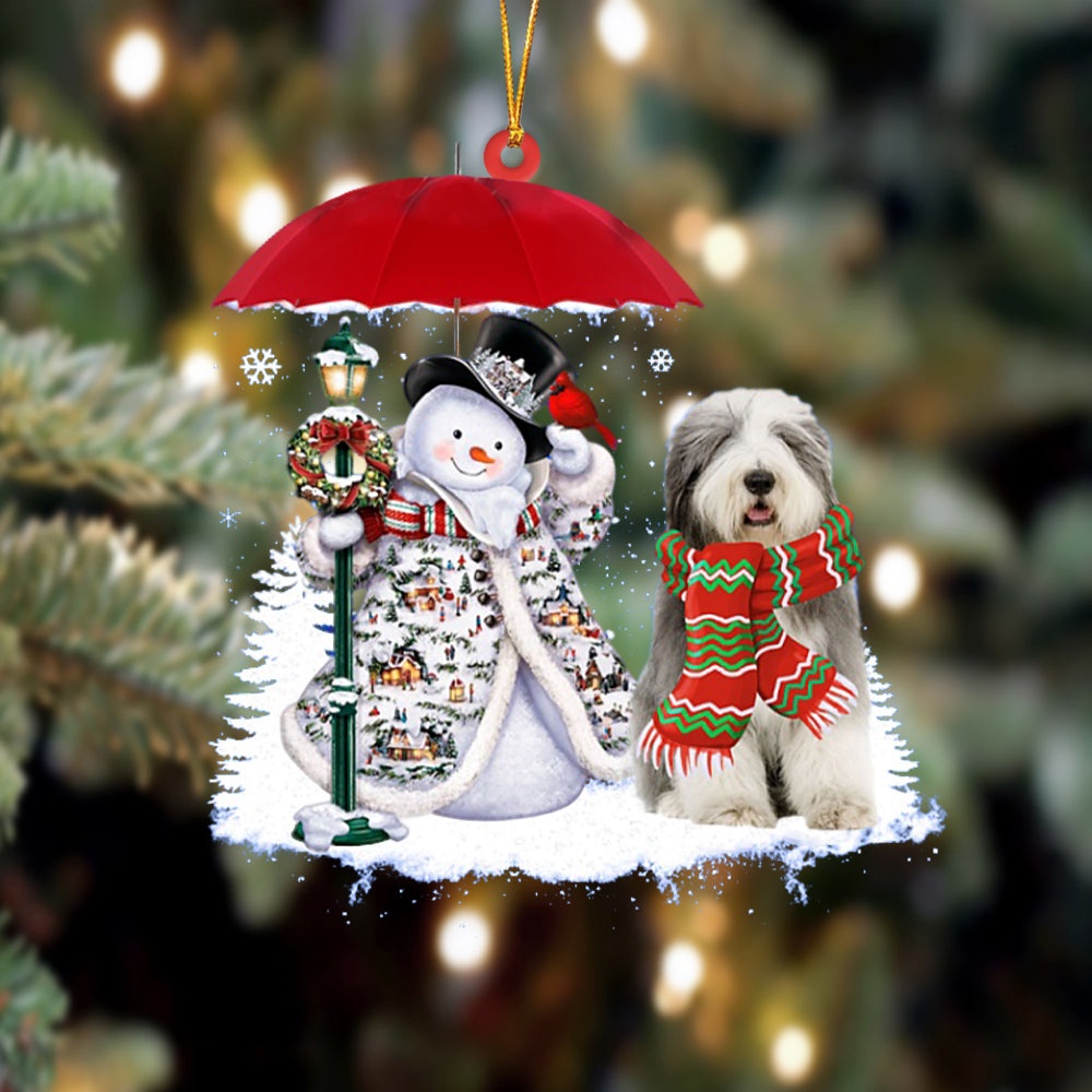 Old English Sheepdog With Snowman Christmas Ornament, Christmas Ornament, Dog Ornament, Xmas Dog Ornaments