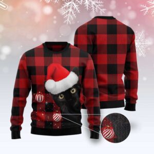 Plaid Pattern Black Cat Ugly Christmas Sweater,…