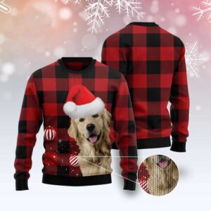 Plaid Pattern Golden Retriever Ugly Christmas Sweater,…