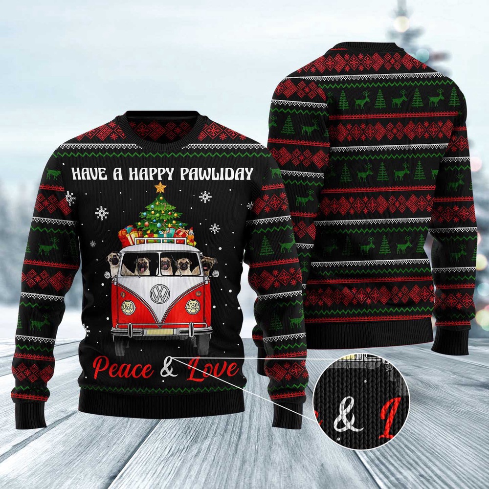 Pug Dogs Carrying Gift Christmas On The Red Car Ugly Christmas Sweater, Dog Ugly Christmas Sweater, Ugly Dog Sweaters