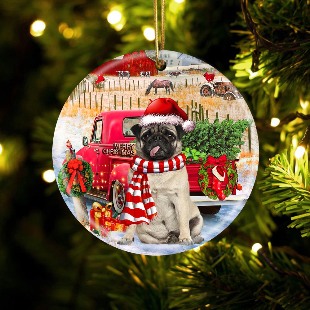 Pug With Red Truck Christmas Ornament, Christmas Ornament, Dog Ornament, Xmas Dog Ornaments Pug With Red Truck Christmas Ornament, Christmas Ornament, Dog Ornament, Xmas Dog Ornaments