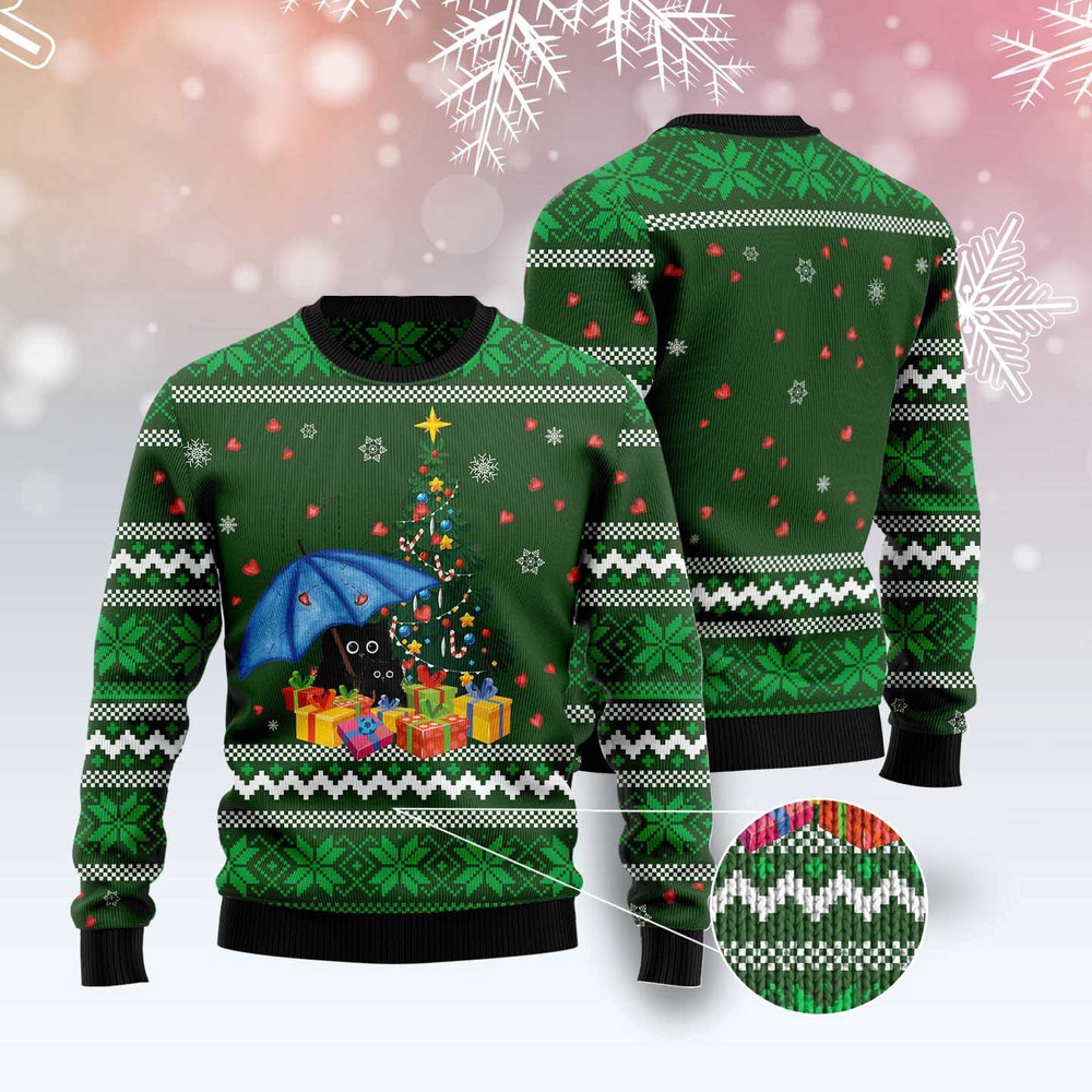 Rain With Love Black Cat Ugly Christmas Sweater, Christmas Cat Ugly Sweater, Ugly Cat Xmas Sweater