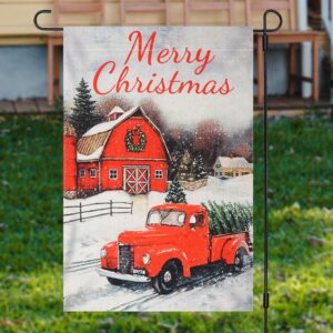 Red House Truck Snowy Merry Christmas Garden…