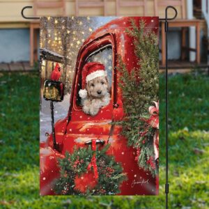 Red Truck Dog Plants Snowy Christmas Garden…