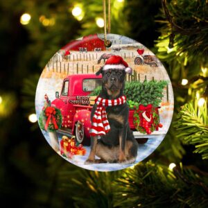 Rottweiler 2 With Red Truck Christmas Ornament,…