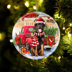 Rottweiler With Red Truck Christmas Ornament, Christmas…