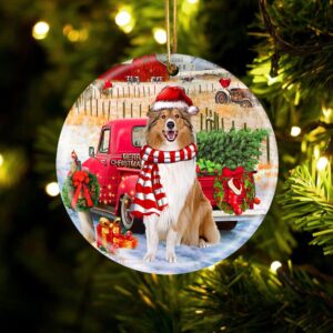Rough Collie With Red Truck Christmas Ornament,…