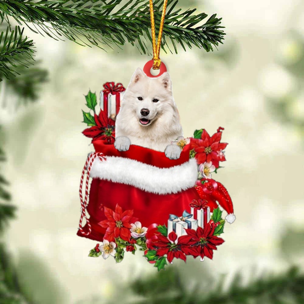Samoyed In Gift Bag Christmas Ornament, Christmas Ornament, Dog Ornament, Xmas Dog Ornaments