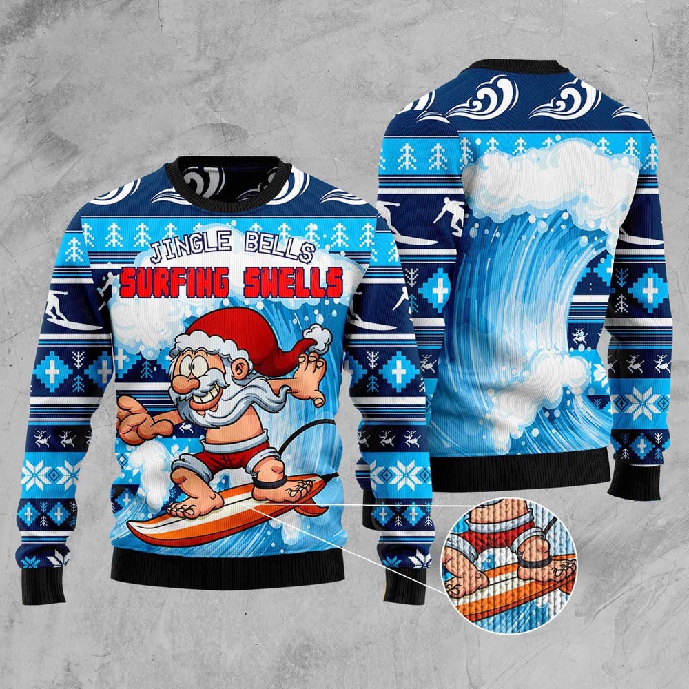 Santa Claus Jingle Bells Surfing Swells Ugly Christmas Sweater, Christmas Sweater, Ugly Sweater, Funny Xmas Sweaters