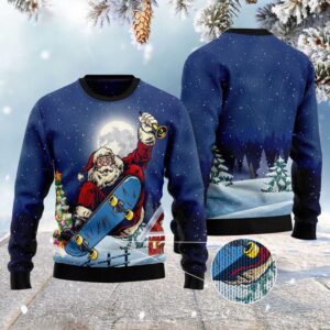 Santa Claus Playing Skateboard Ugly Christmas Sweater,…