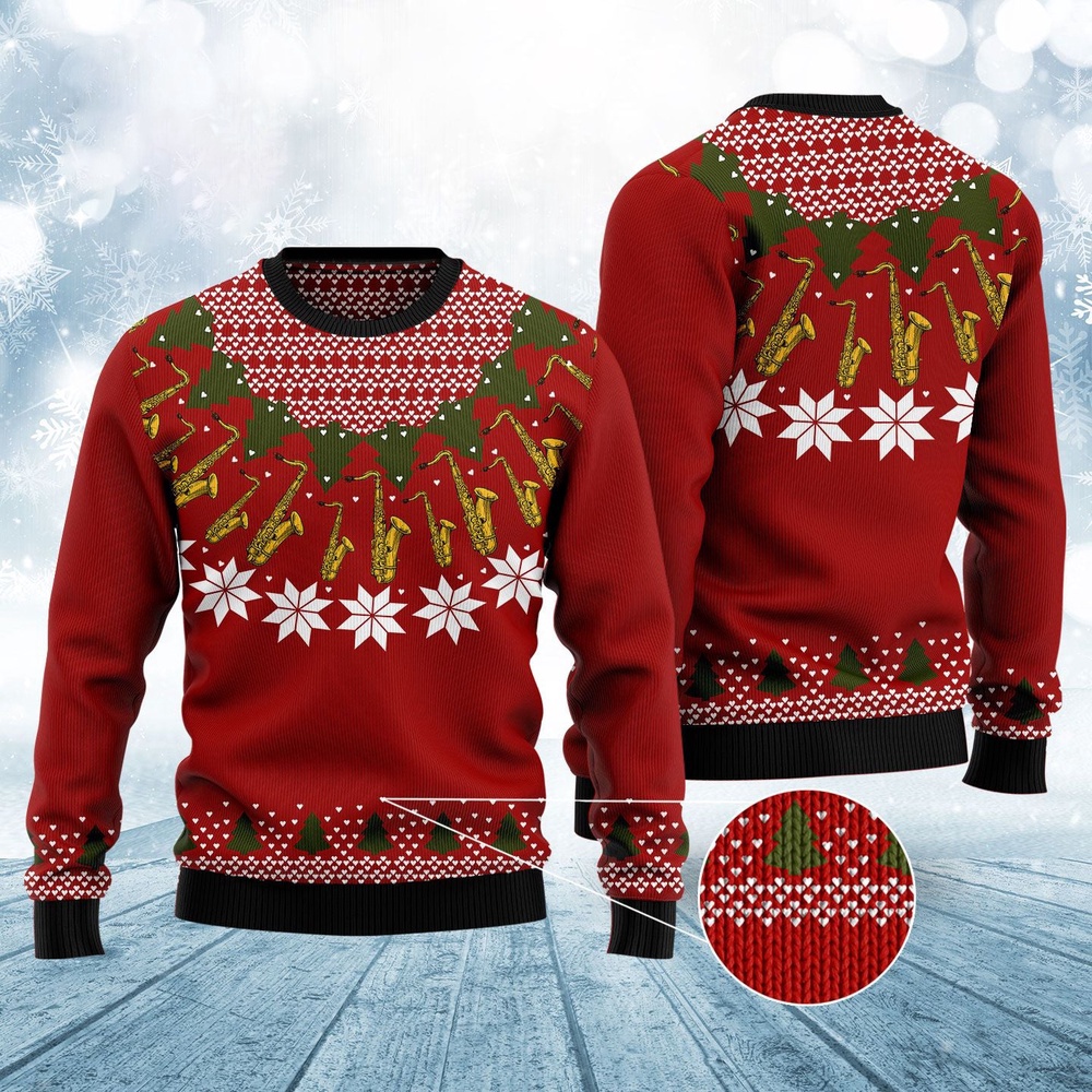 Saxophone Pattern Ugly Christmas Sweater, Christmas Sweater, Ugly Sweater, Funny Xmas Sweaters