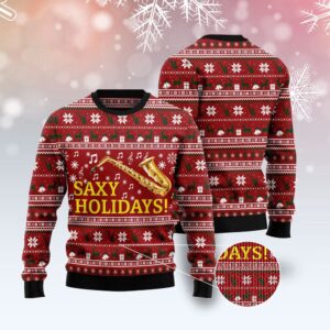 Saxy Holidays Saxophone Ugly Christmas Sweater, Christmas…