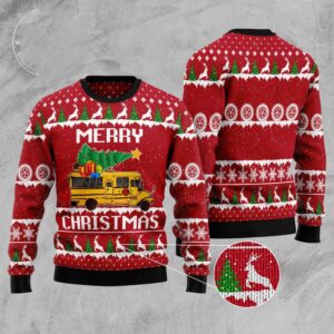 School Bus Merry Christmas Ugly Christmas Sweater,…