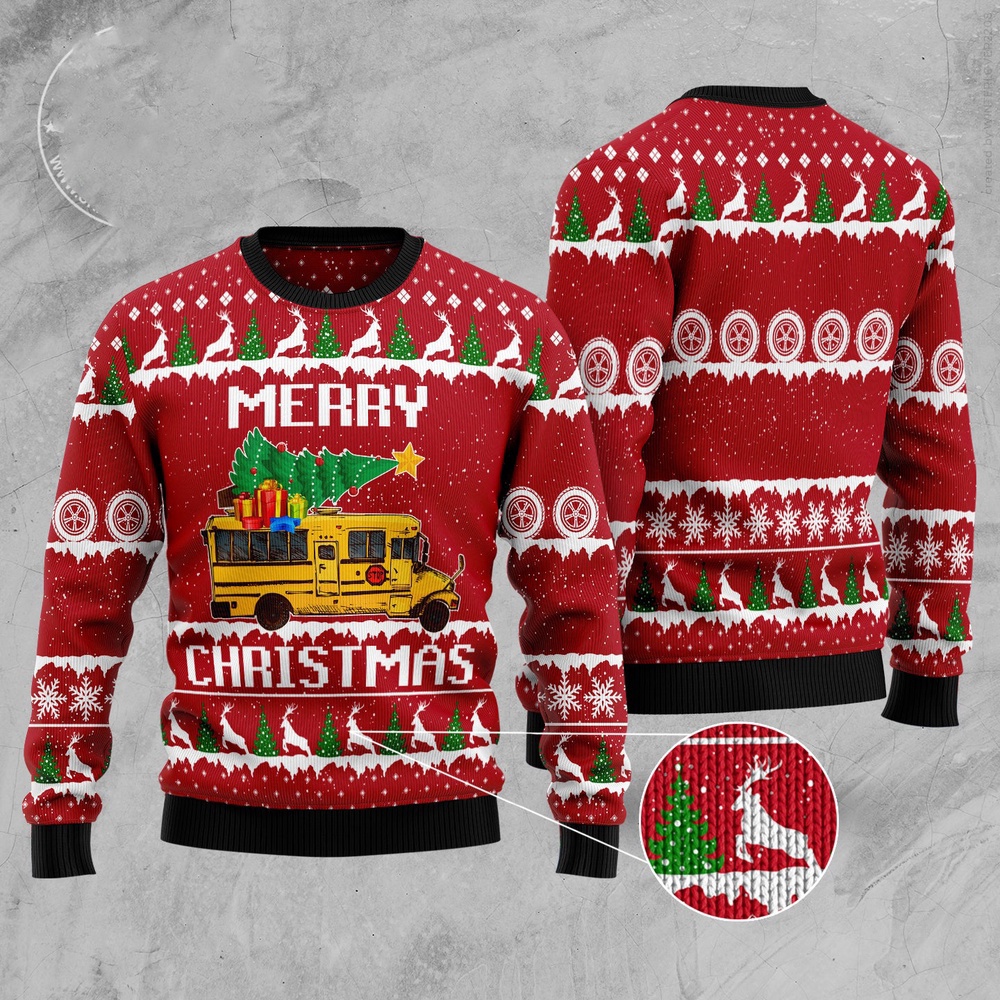 School Bus Merry Christmas Ugly Christmas Sweater, Christmas Sweater, Ugly Sweater, Funny Xmas Sweaters