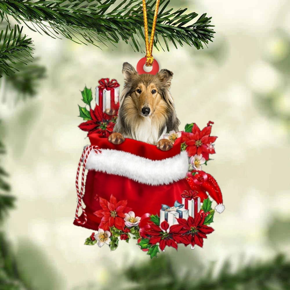 Scotch Collie In Gift Bag Christmas Ornament, Christmas Ornament, Dog Ornament, Xmas Dog Ornaments