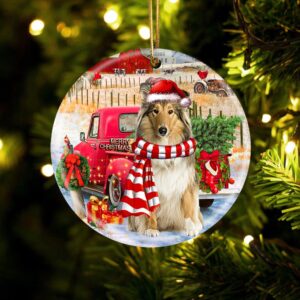 Scotch Collie With Red Truck Christmas Ornament,…