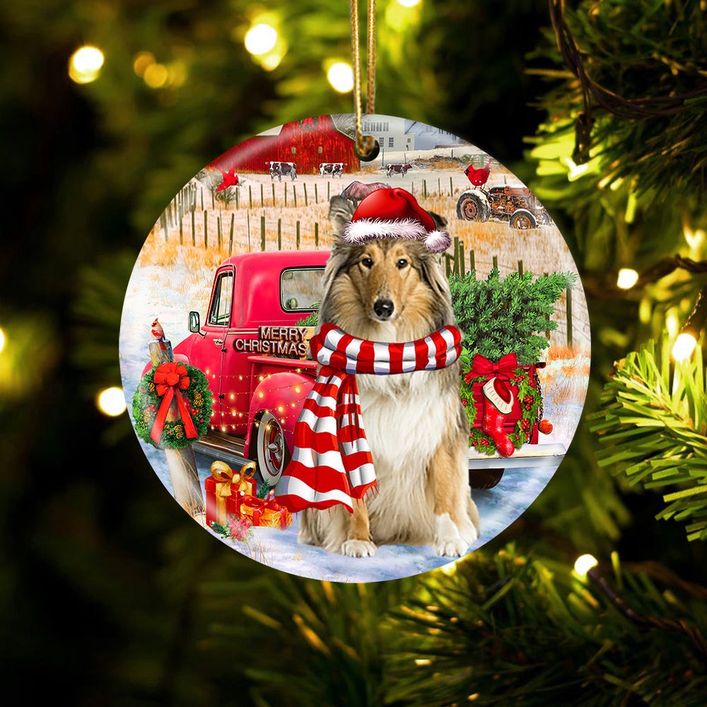 Scotch Collie With Red Truck Christmas Ornament, Christmas Ornament, Dog Ornament, Xmas Dog Ornaments