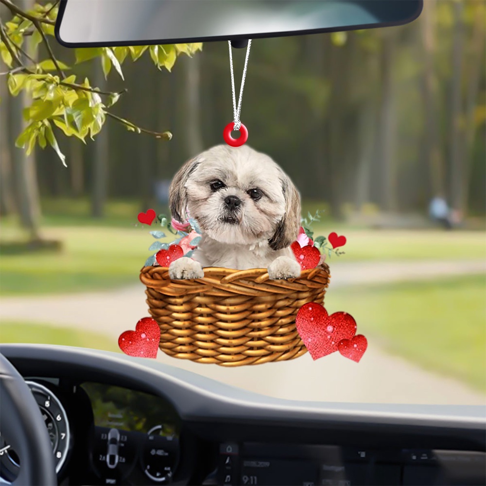 Shih-Tzu With Rose & Heart Ornament, Christmas Ornament, Dog Ornament, Xmas Dog Ornaments