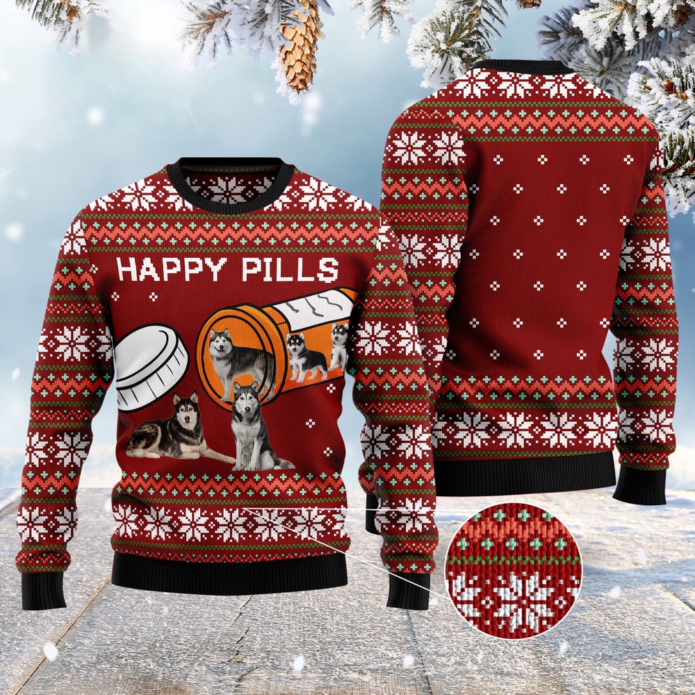 Siberian Husky Happy Pills Ugly Christmas Sweater, Dog Ugly Christmas Sweater, Ugly Dog Sweaters Siberian Husky Happy Pills Ugly Christmas Sweater, Dog Ugly Christmas Sweater, Ugly Dog Sweaters