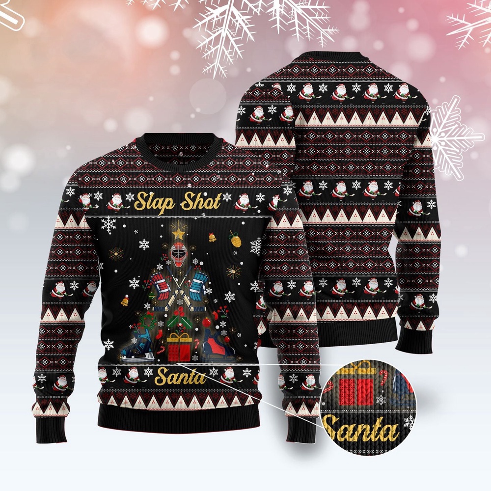 Slap Shot Santa Christmas Ugly Christmas Sweater, Christmas Sweater, Ugly Sweater, Funny Xmas Sweaters Slap Shot Santa Christmas Ugly Christmas Sweater, Christmas Sweater, Ugly Sweater, Funny Xmas Sweaters