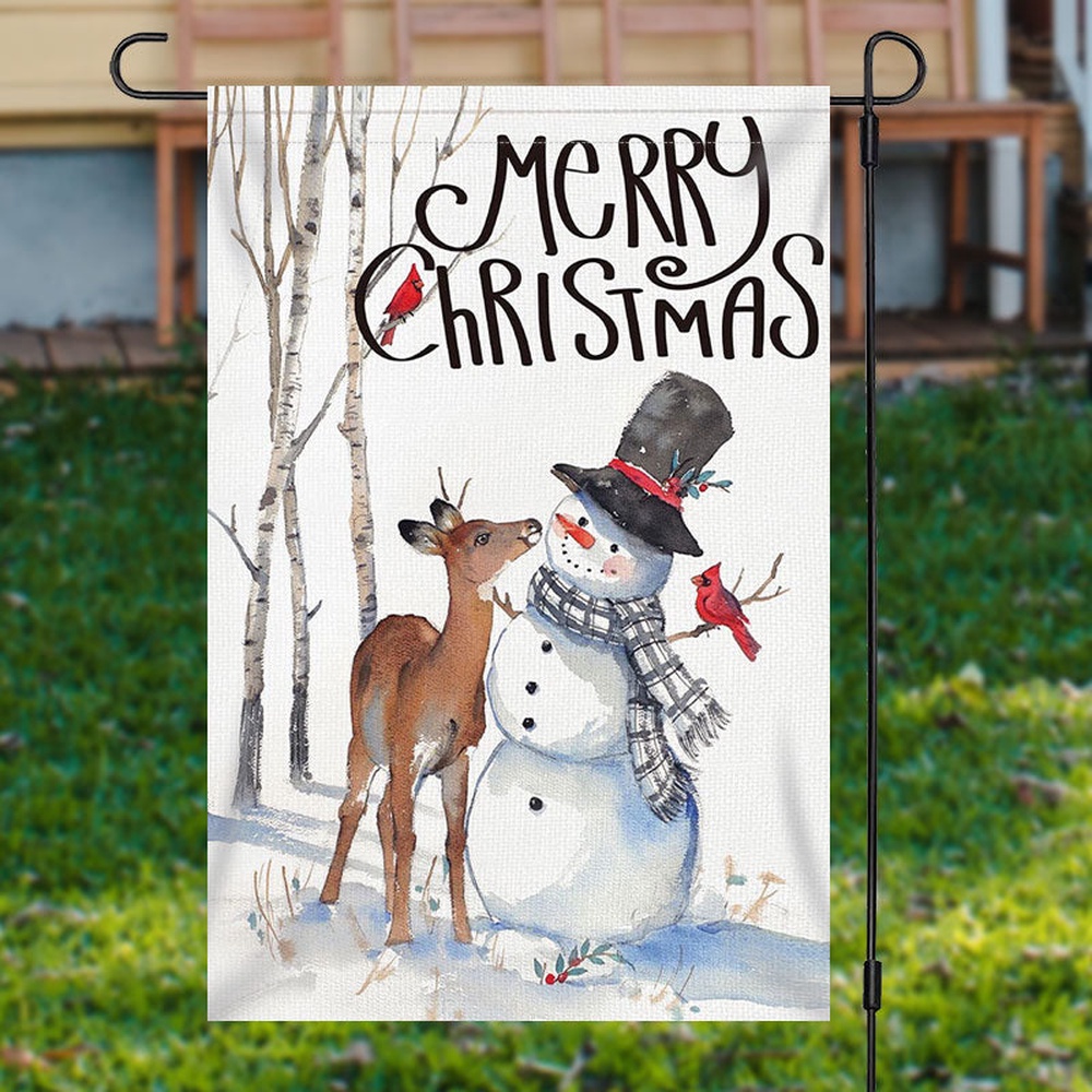 Snowy Snowman Deer Tree Merry Christmas Garden FlagXmas, Garden Flags, Outdoor Xmas Flags, Christmas Flag Outdoor