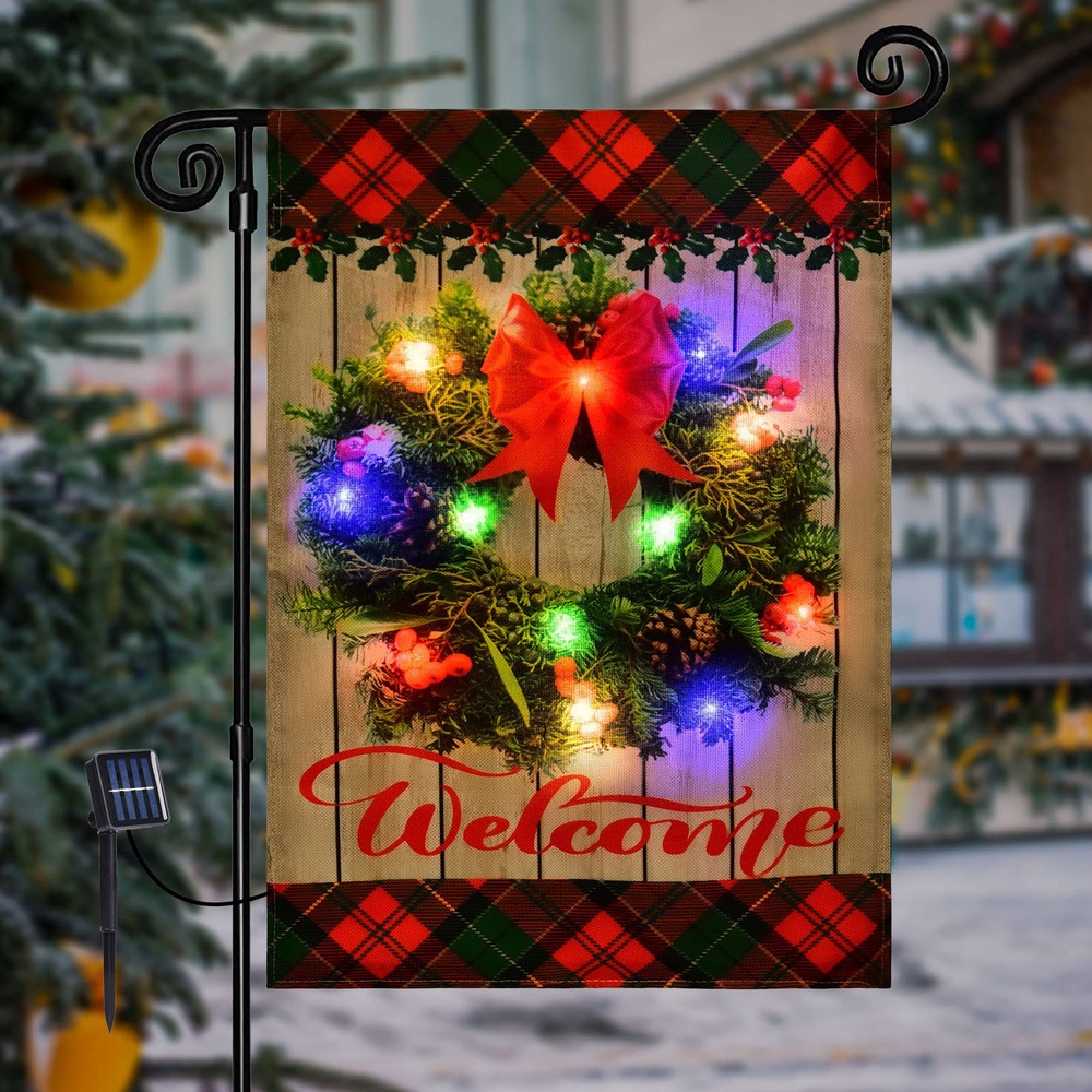 Solar LED Christmas Welcome Wreath Garden FlagXmas, Garden Flags, Outdoor Xmas Flags, Christmas Flag Outdoor