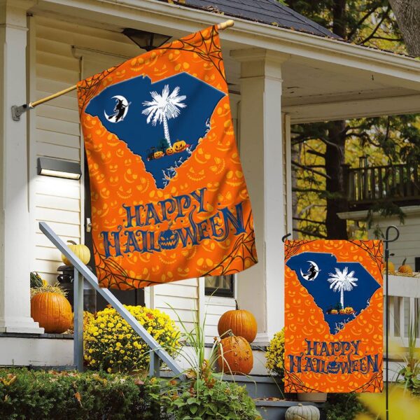 South Carolina with Palm Tree and Witch Flying Halloween Flag, Halloween Flag, Halloween Garden Flags, Halloween House Flags