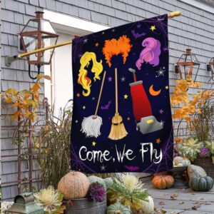 Three Witches Halloween Come We Fly Flag,…