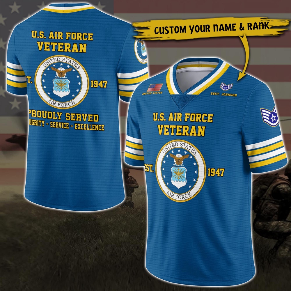 US Air Force Vneck Football Jersey Custom Your Name And Rank, Military Shirts , US Veteran Gifts, Military Jersey