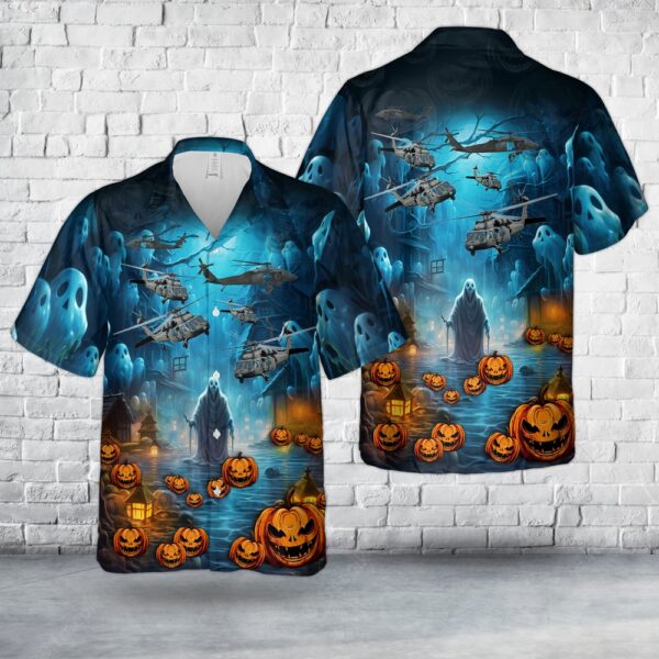 US Army Sikorsky UH-60 Black Hawk Halloween Hawaiian Shirt, Halloween Hawaiian Shirt, Horror Hawaiian Shirt