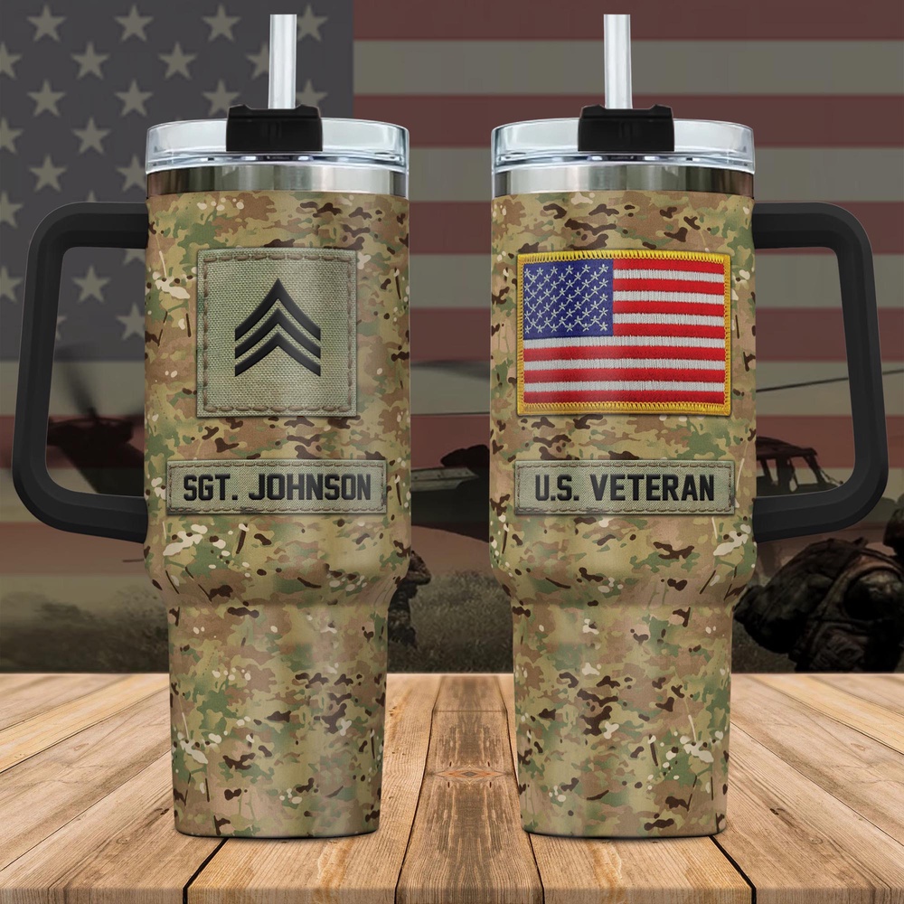 US Veteran Custom Name Rank Stanley Tumbler 40Oz, Camouflage Tumbler, Veteran Tumbler, Military Tumbler