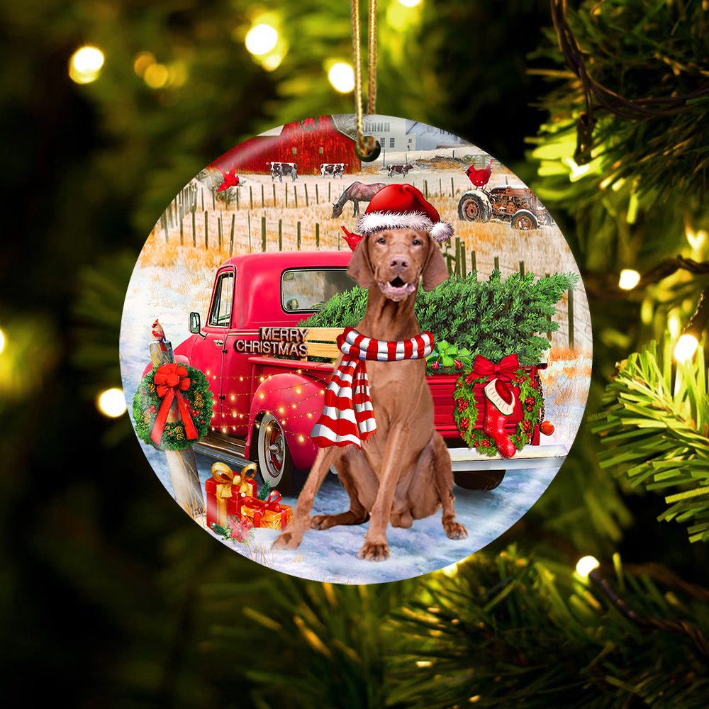 Vizsla With Red Truck Christmas Ornament, Christmas Ornament, Dog Ornament, Xmas Dog Ornaments