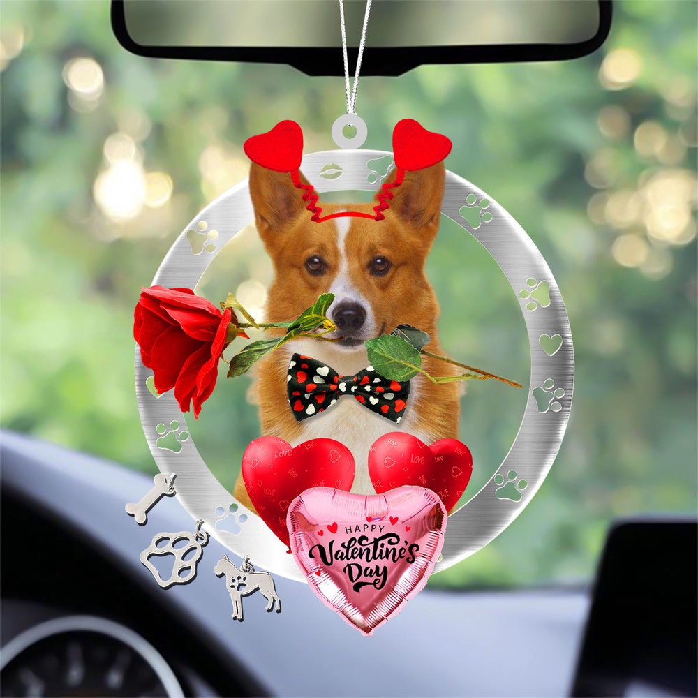 Welsh Corgi With Rose & Heart Balloon Ornament, Christmas Ornament, Dog Ornament, Xmas Dog Ornaments