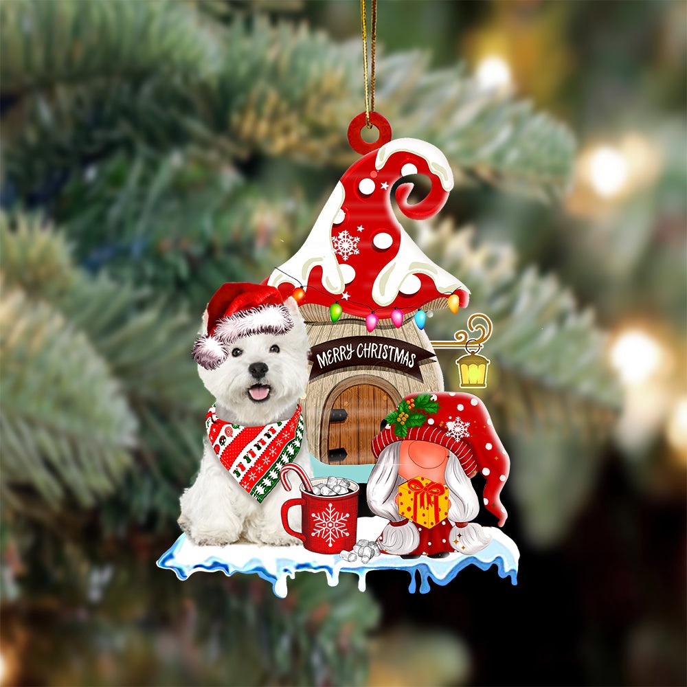 West-Highland-White-Terrier With Mushroom House Christmas Ornament, Christmas Ornament, Dog Ornament, Xmas Dog Ornaments