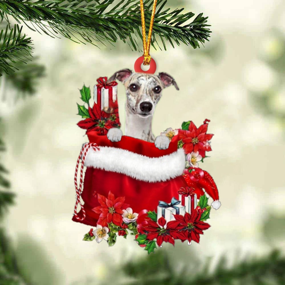 Whippet In Gift Bag Christmas Ornament, Christmas Ornament, Dog Ornament, Xmas Dog Ornaments