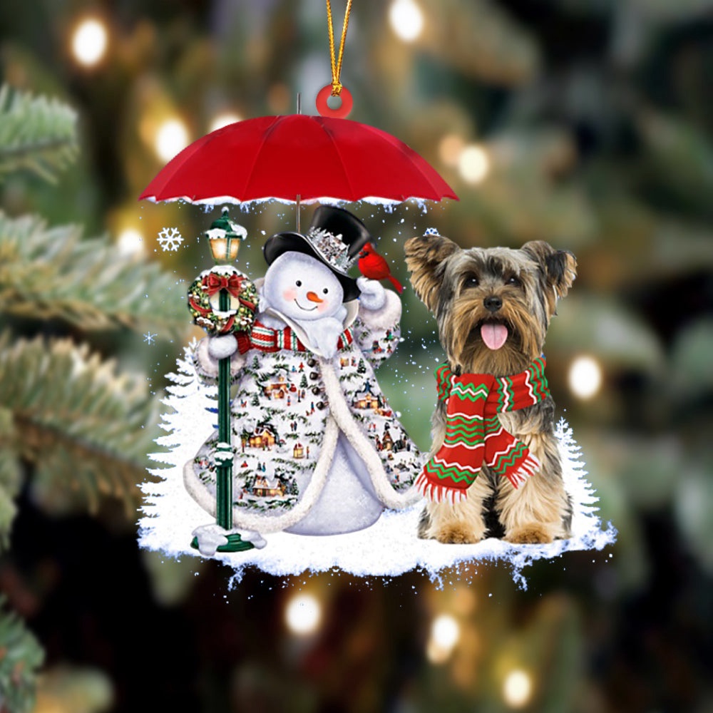 Yorkshire Terrier With Snowman Christmas Ornament, Christmas Ornament, Dog Ornament, Xmas Dog Ornaments