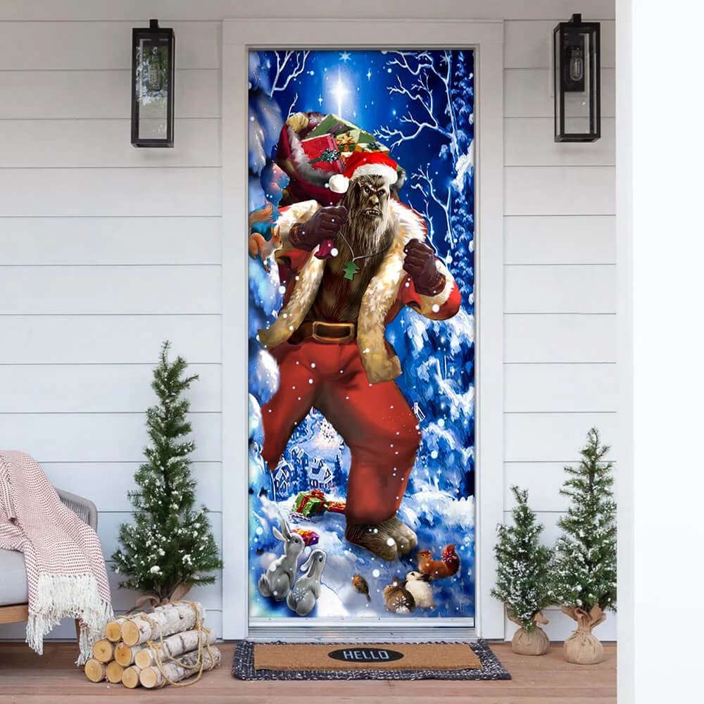 Bigfoot Door Cover Christmas Forest Decor, Front Door Christmas Cover, Gift For Decor, Christmas Gift