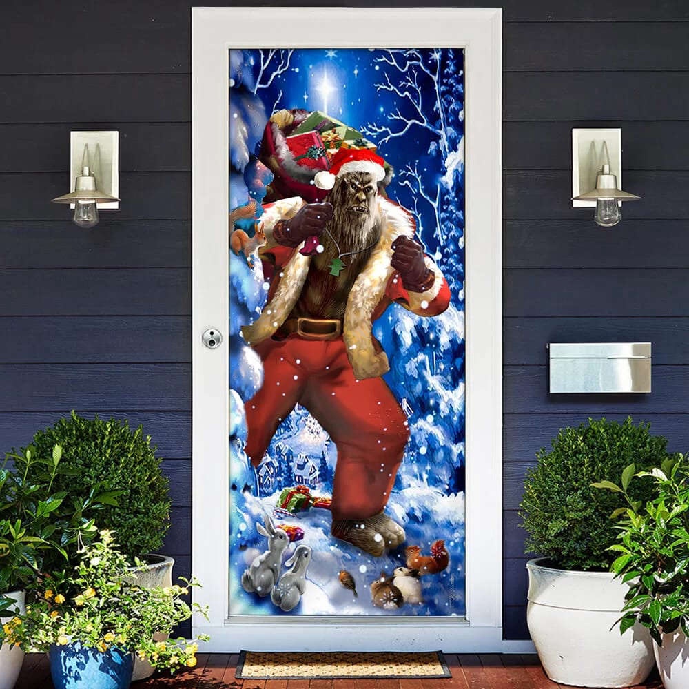 Bigfoot Door Cover Christmas Forest Decor, Front Door Christmas Cover, Gift For Decor, Christmas Gift