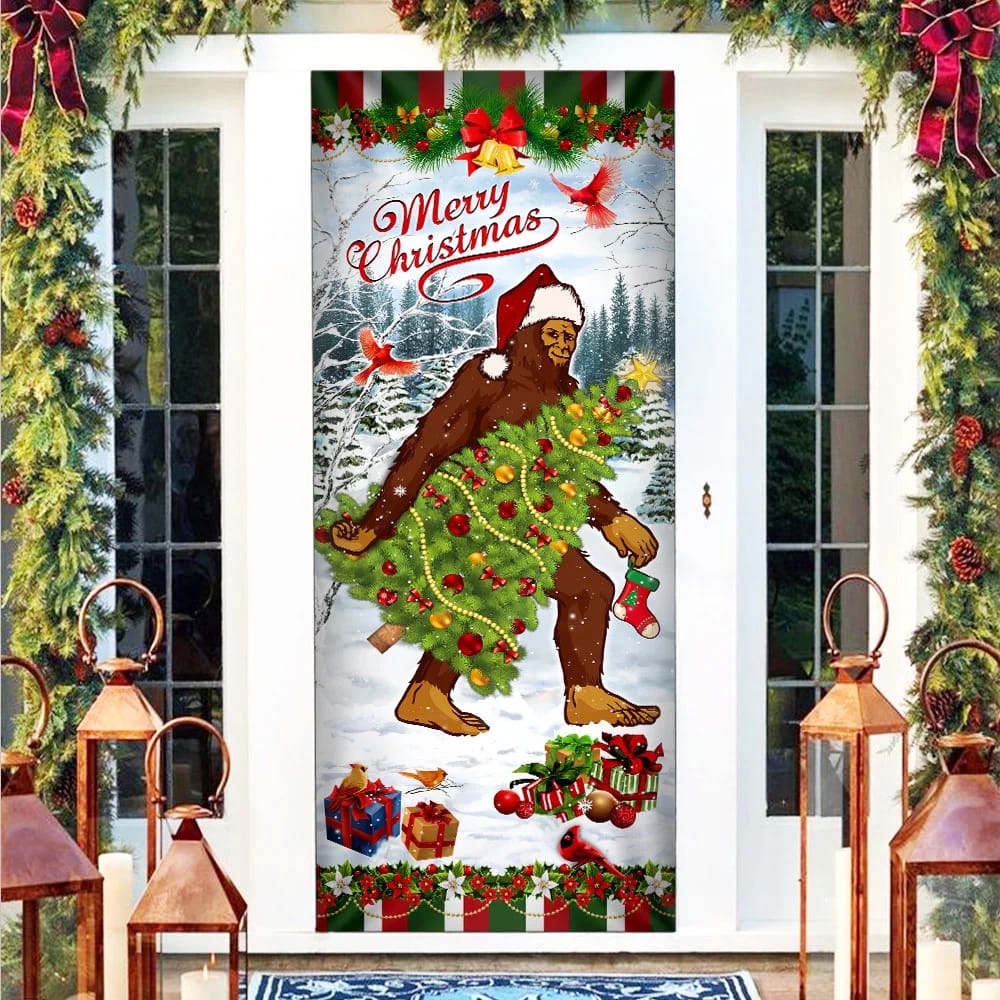 Bigfoot Wearing Santa Hat Christmas Door Cover, Front Door Christmas Cover, Housewarming Gifts, Christmas Gift