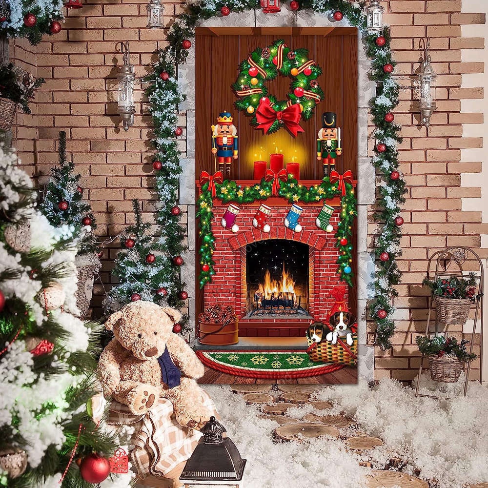 Christmas Door Cover Festive Xmas Fireplace Backdrops & Tree Prints, Christmas Gift Christmas Door Cover Festive Xmas Fireplace Backdrops & Tree Prints, Christmas Gift