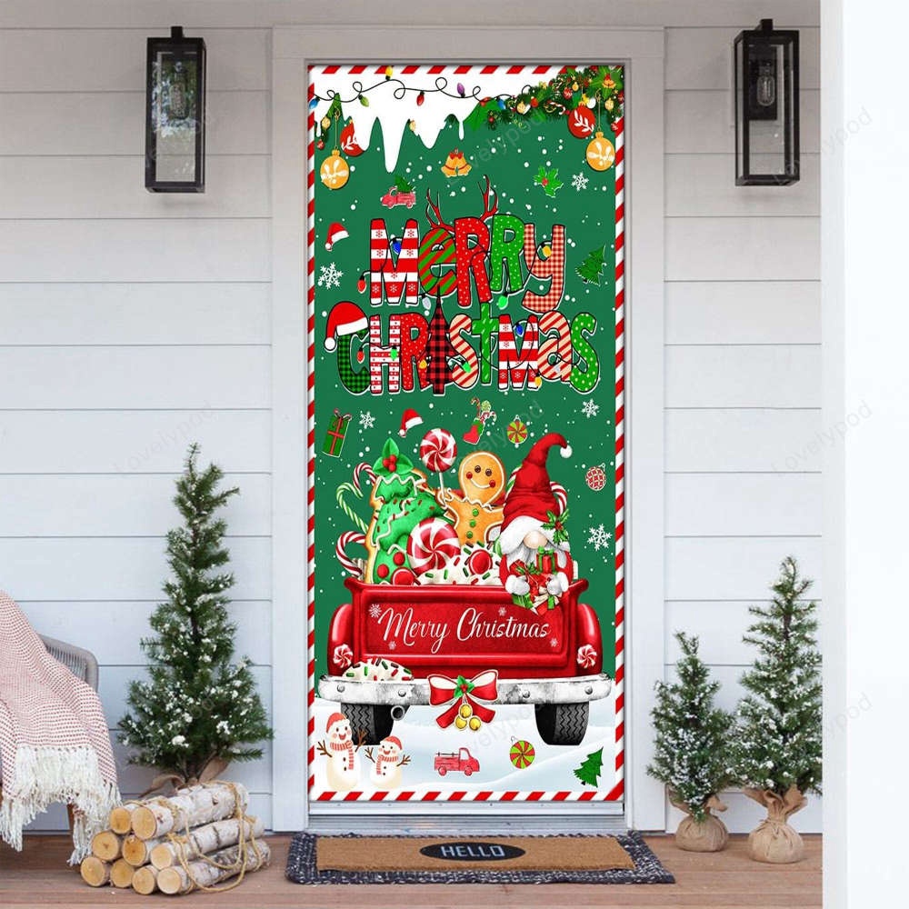 Christmas Red Truck Door Cover Festive Gnome Gingerbread Tree & Peppermint Candy Décor, Christmas Gift