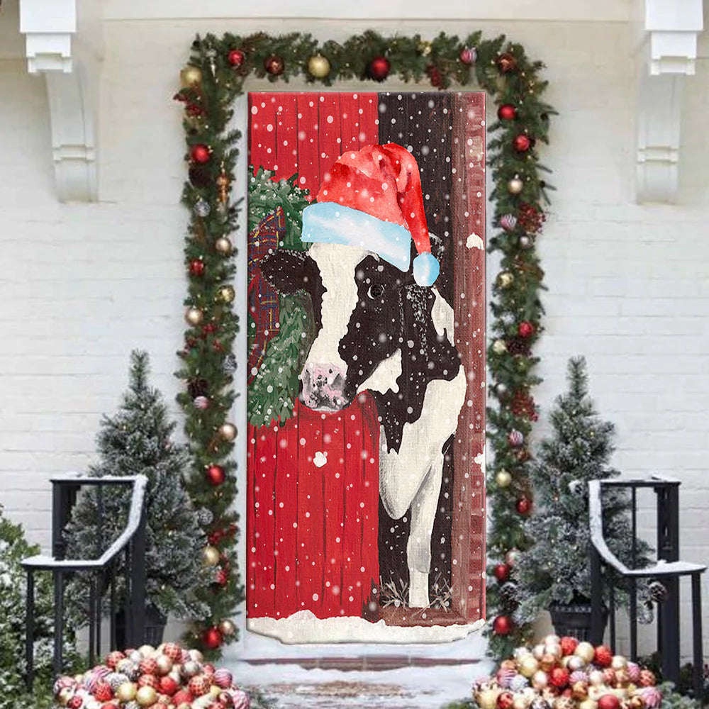 Cow Merry Christmas Door Cover, Funny Holiday Decor for Home Porch, Christmas Gift
