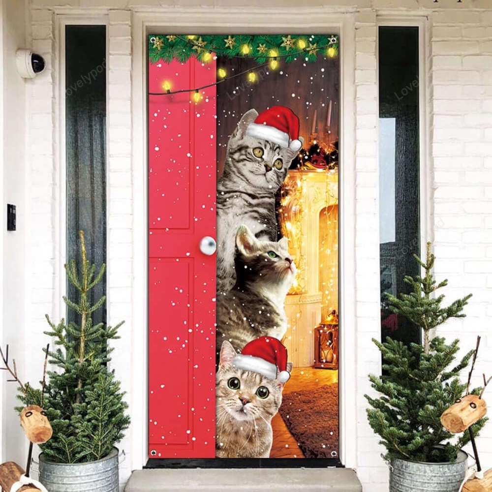 Cute Cats Merry Christmas Door Cover, Funny Cats Door Banner Decoration, Christmas Gift