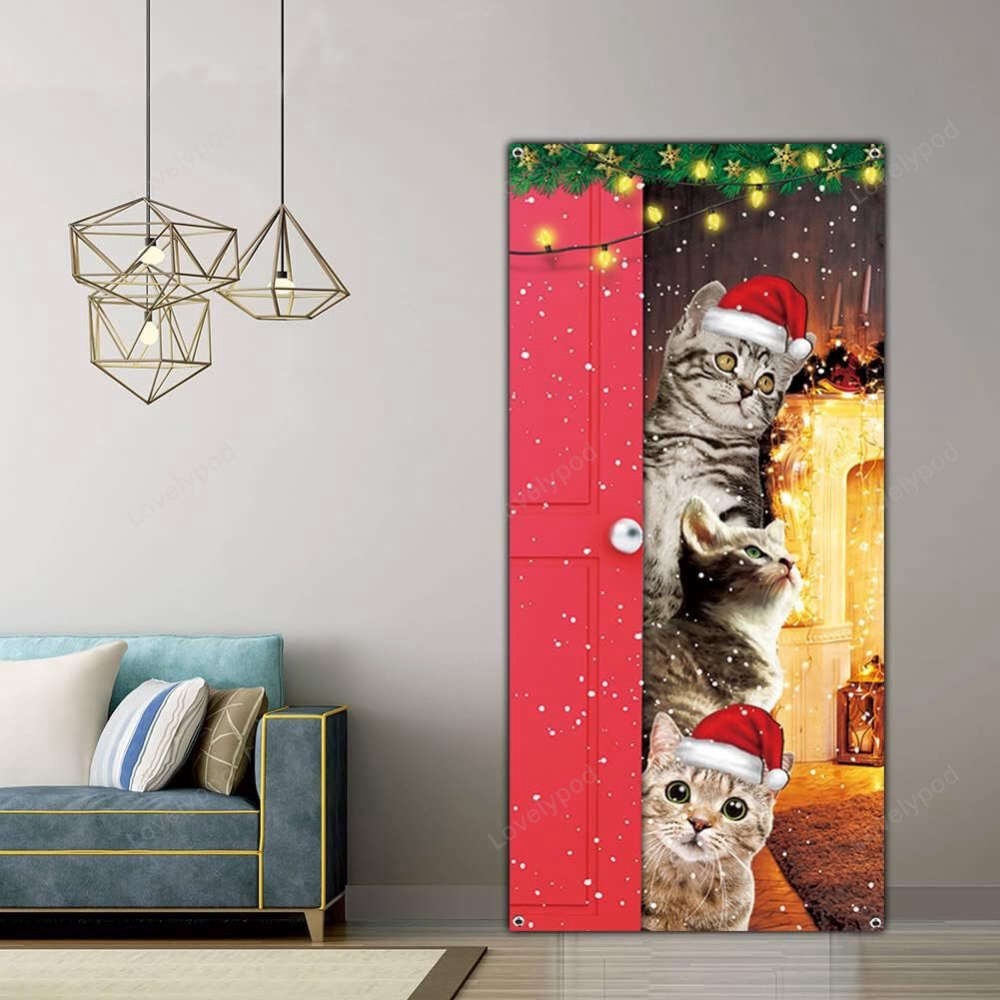 Cute Cats Merry Christmas Door Cover, Funny Cats Door Banner Decoration, Christmas Gift